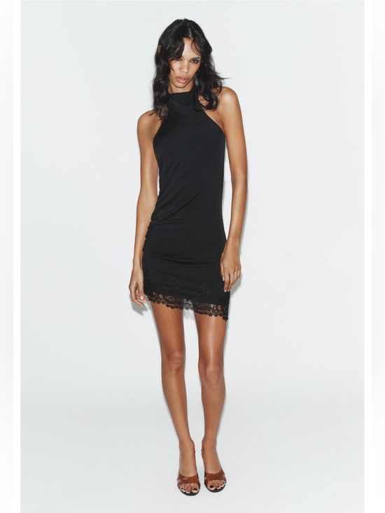 Zara Dresses & Skirts - Zara Black Halter Neck Mini Dress with Lace Hem